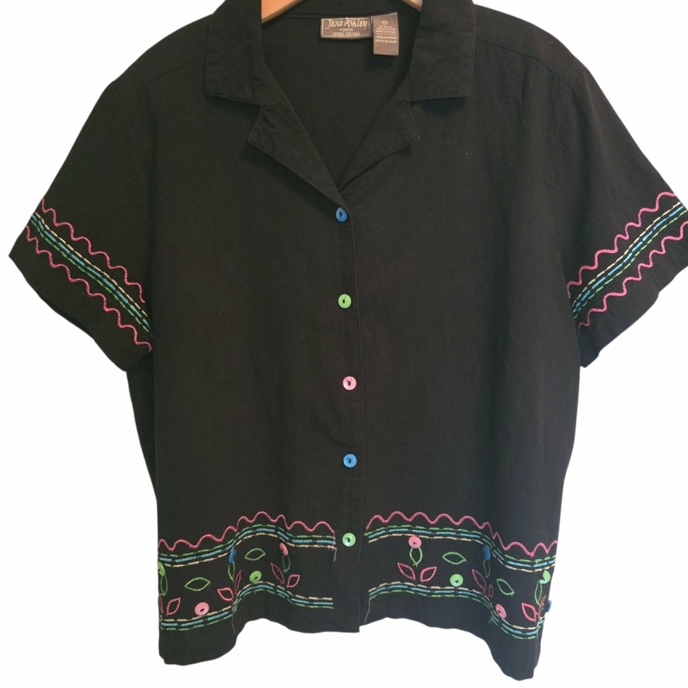 VTG Jane Ashley Woman Shirt Embroidered Colorful Flowers‎ Button Up Black 1X